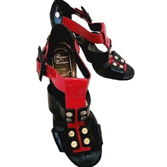 ROGER VIVIER PARIS PATENT LEATHER RED.BLACK STRAPPY HEEL SIZE 38 (8) - Picture 1 of 12